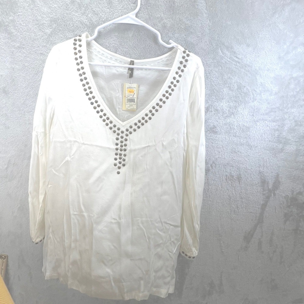 Stetson Womens Off White Studded V-Neck Long Sleeve Blouse Small Boho‎ Western